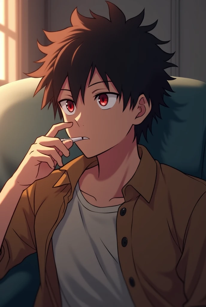  screenshot of my hero Academia.
Genre:man.
eyes:Ruby red
Hair:Fluffy smooth chocolate brown.
 expression:It would be y Tired . 
Scenery: living room ,  sitting on a couch smoking.