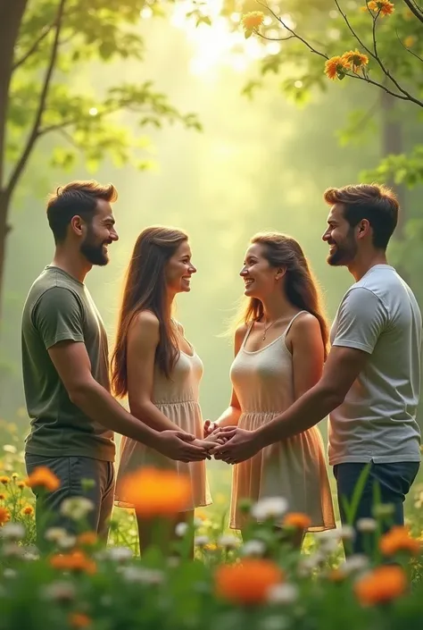 Photograph of 4 people, 2 men and two women, holding hands, smiling, in a forest, spring weather, flowers and colorful clouds. Dreamy atmosphere. Friendship, companionship and happiness. Ultra realistic image, 8K.