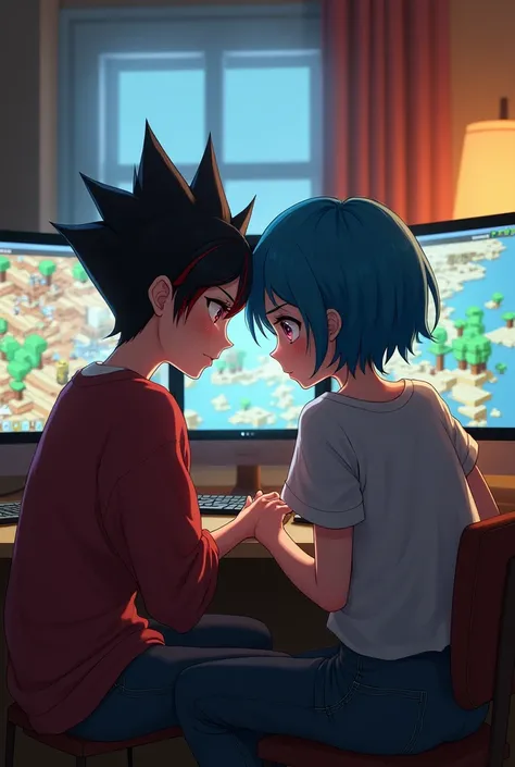 Tall very short black hair with red highlights teenage woman in a room with another tall teenage girl with short blue hair and they are both playing Minecraft, realistic