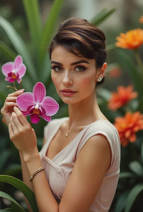 * Hepburn * she had delicate features, with large, expressive brown eyes with long lashes, high cheekbones and elegantly arched eyebrows, long, pixie haircut and gorgeous. She has large breasts, posing, wearing a long dress with orquids. She is on a garden...