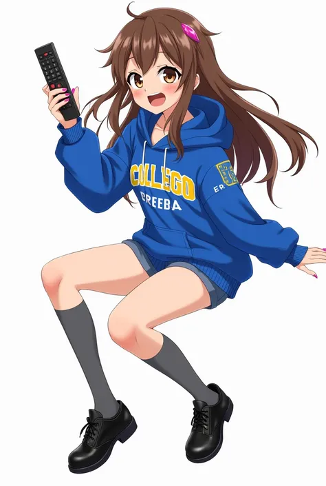 Teenage woman looking forward and brown hair standing in front and her legs and wearing black leather shoes with pins and gray socks up to the knees Y poleron strong blue with hood and closed closure strong blue with white phrases and with the yellow lette...