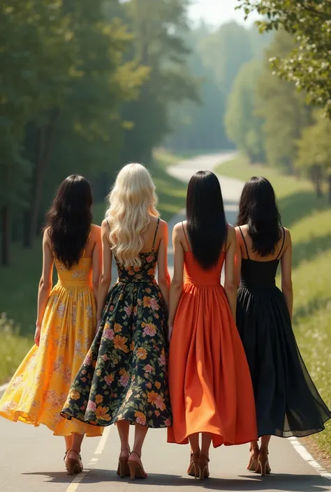 A very realistic image cannot be a drawing of a beautiful blonde judge with glasses walking side by side with three beautiful black-haired women all wearing beautiful dresses on a road 