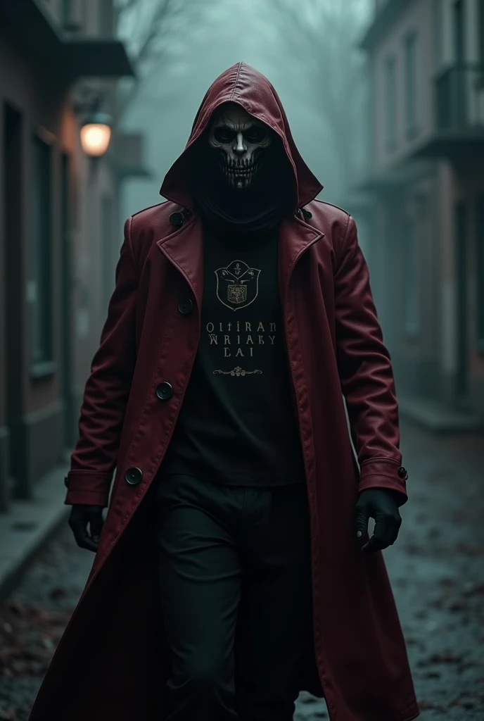 A man in a creepy mask wearing a big dark red coat with a faction in the middle of the night