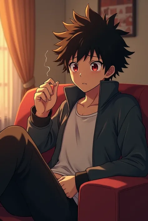  screenshot of my hero Academia.
Genre:man.
eyes:Ruby red
Hair:Fluffy smooth chocolate brown.
 expression:It would be y Tired . 
Scenery: living room , Sitting on a couch smoking sitting on Bakugo Katsukis legs.