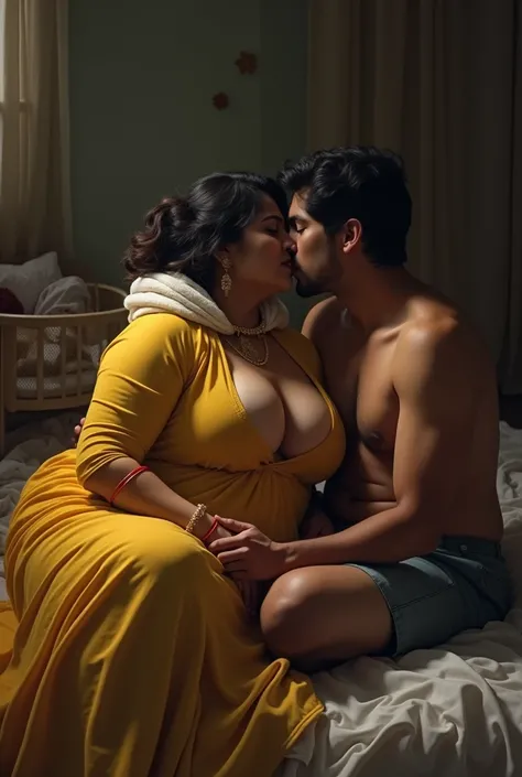 A Voluptuous Mature Indian Aunty with a Dusky Skin and big breasts sits on Bed, She is wearing a Tight Yellow KURTI with white stole tied around her neck, Large U Cut Cleavage Exposed, Her hair is messed up and Bed is messed up, A Shirtless Young Guy is Si...