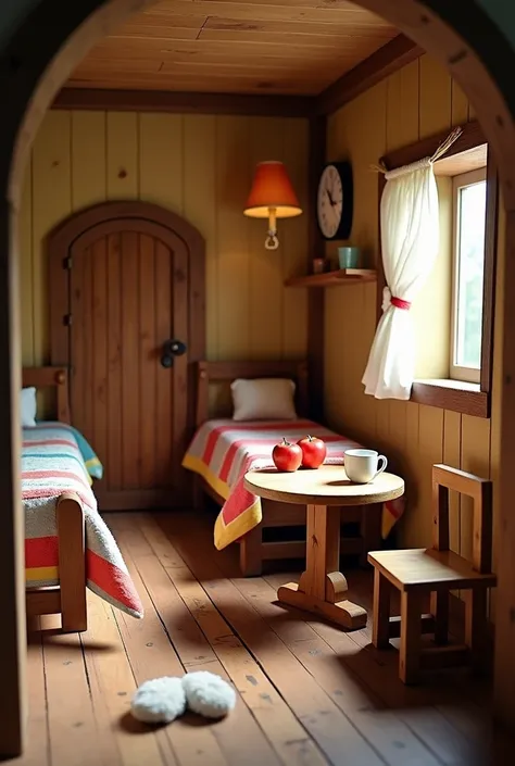 The house of the three goats is simple, but full of interesting details. It has decorated wooden walls and a fairytale air.

In one corner are two small beds covered with colorful blankets. Next to them is a solid wooden door, painted brown, with a round b...