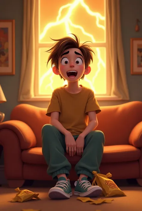  A Disney-style young adult ,  with slightly comical and sympathetic features .  He has messy brown hair ,  expressive eyebrows and big, bright eyes that convey humor and emotion .  wears casual and sloppy clothing ,  such as a loose t-shirt and sweatpants...