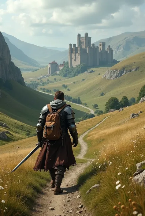 "An adventurer journeying through a vast medieval landscape, with rolling hills, ancient castles in the distance, and a winding path ahead. The adventurer is dressed in worn armor, carrying a sword and a backpack, with a determined look as they travel unde...