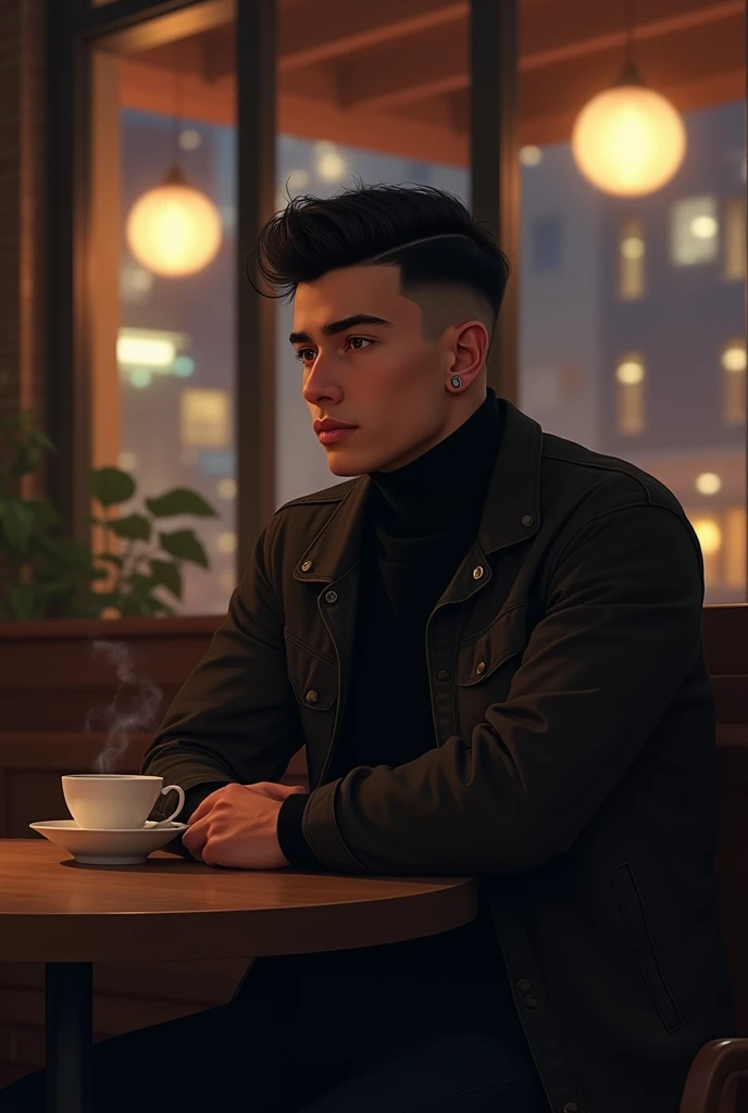 Twenty year old man,  white skin ,  short hair and black , attractive and stocky body .  His facial features are attractive .  He wears a dark jacket with a black pullover underneath .  His legs have black pants . It has English features.  He is sitting in...