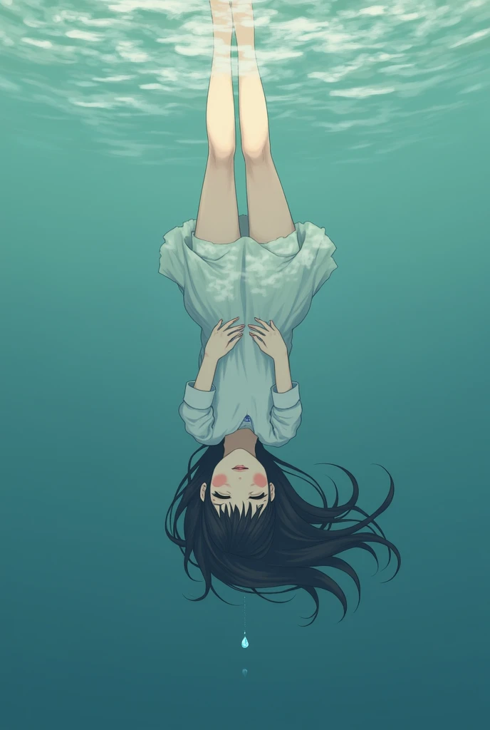 falling tear drop upside down crying anime girl in water the person is upsidedown and closed eye hair is upsidedown in WATER