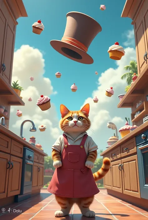  cat with apron inside a large kitchen hat floating in the sky. The sky must contain cakes ,  Cupcakes , etc.