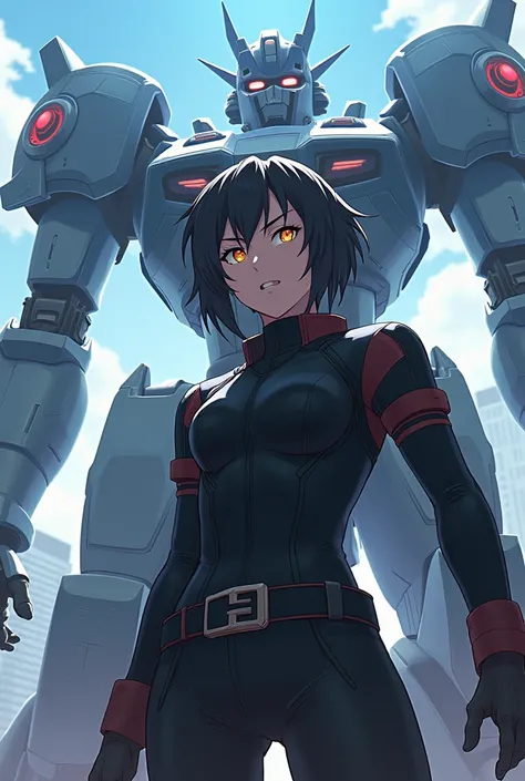 Draw an anime character whose story is related to robots Angry and prominent features 
