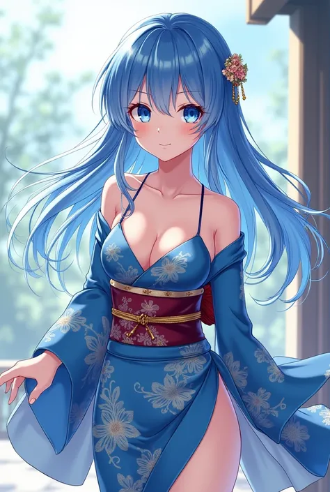 Une lycéenne anime, porter un kimono sexy, kimono court, bras nus, dos nu, épaule dénudée, marche, cheveux longs, cheveux bleu clair, regarder le spectateur, yeux bleus