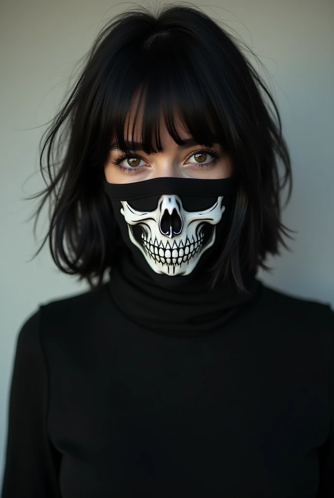  a woman in black clothes with her short black hair ,  appreciates her full body ,  black skull clothes from cold her dark brown eyes and with a skull mask covering only her mouth, A rocker girl with capus covering her hair and a photo without bangs
