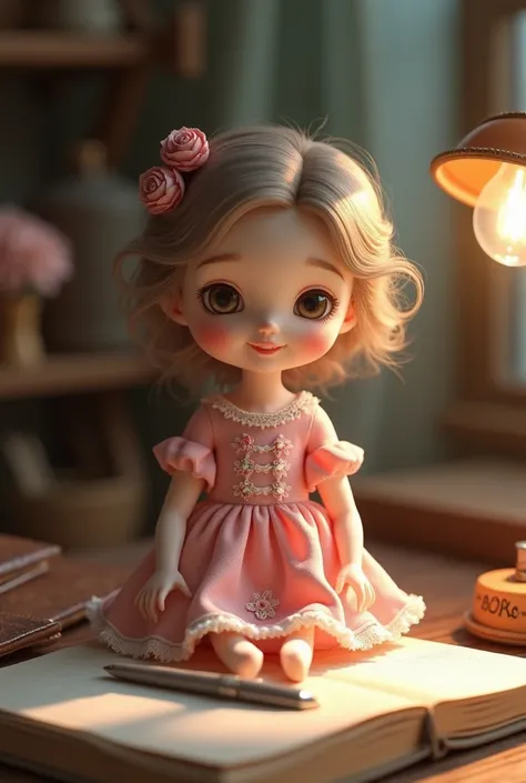  Little white doll light brown hair ,  with pink clothes craftswoman holding a notebook. Have a notebook ,  printer pen pen  