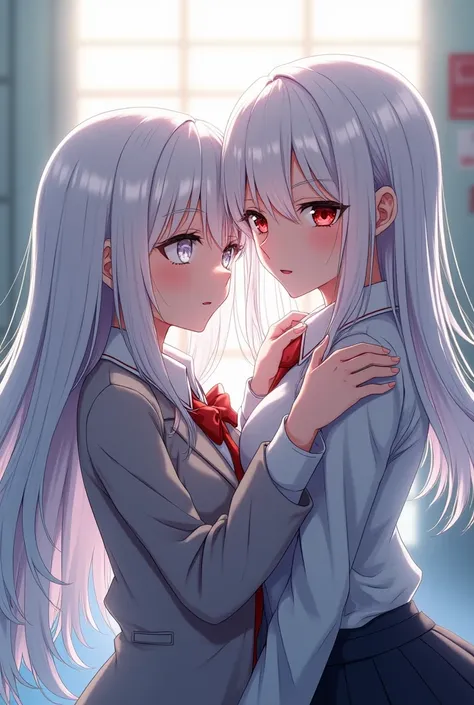 Draw two high school girls , One girl has long white hair and white eyes and the other girl has medium-long white hair and red eyes.... anime style and that the two of them are close to each other ......