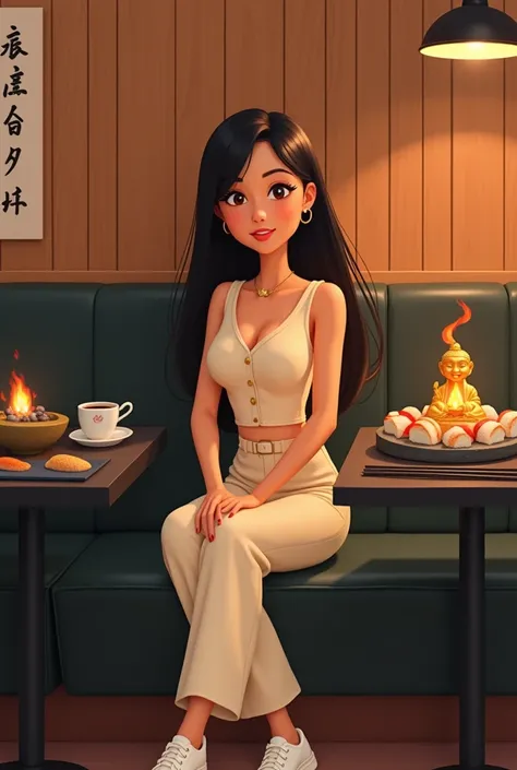 Woman 30 years, long straight black hair, wearing creme short sleeveless buttoned v vest and creme long loose trousers with white sneakers. At Sushi restaurant with wood slat paneling in walls, black rectangular tables, sitting on black leather upholstered...