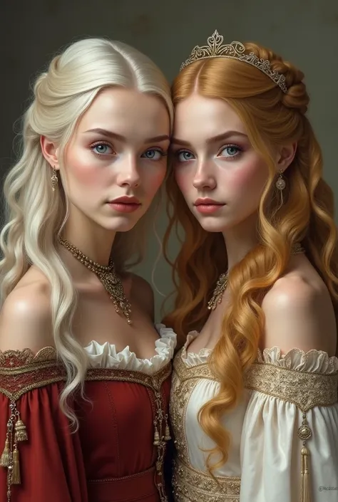  Create the image of a Targaryen woman next to a Lannister woman, golden hair. Both are young ren .


