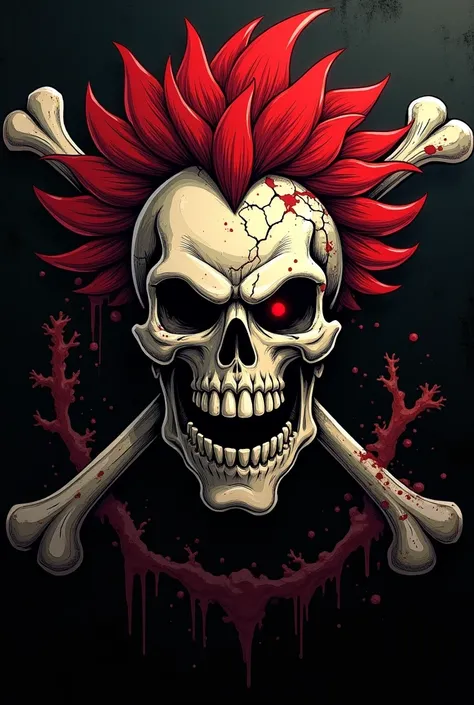 crie uma Jolly Roger , Of a skull with a red mohawk , Get angry and do it in a way thats scary, Make some parts like eyes and skull broken and cracked,  Make her very punk and violent, Use the same model as the one-piece white beard, Do it with an angry lo...