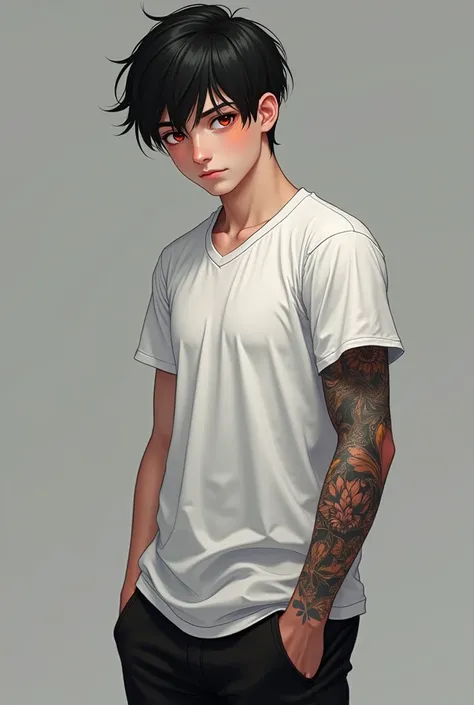  a tall boy , with white skin,black hair, with reddish brown eyes , , marked chin, medium physique  ,  tattoo on his right arm from Lucifers tear, realistic,  wearing a white sports shirt , pantalón negro y que sea realistic