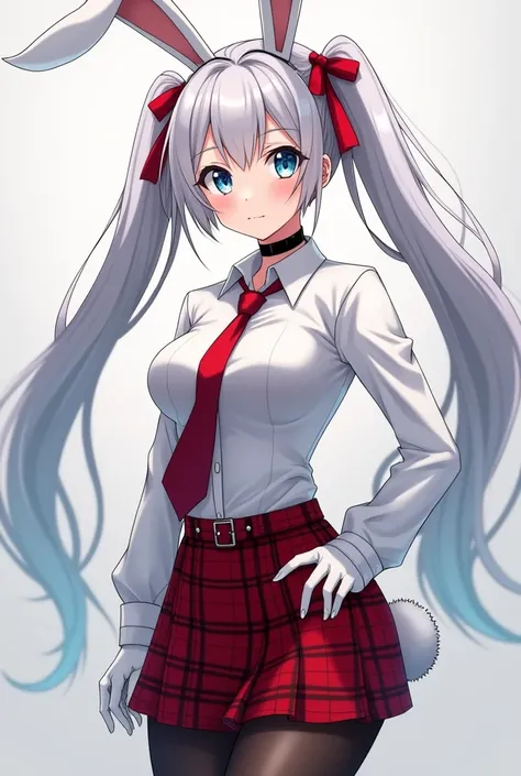 - Anime woman, 
- attractive, 
- sexy
- mature, 
- white bunny ears, 
- long silver twintail hair with red ribbons,
- large blue eyes,
- silver stud earrings, 
- black choker, 
- tight white button shirt with long sleeves rolled up, 
- red tie,
- white glo...