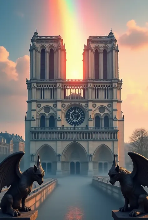  The map shows the majestic Notre Dame Cathedral , surrounded by a brilliant light .  In the foreground are two mystical gargoyles , Who sit on the cathedral and spread their wings.  The sky is decorated in soft pastel colors ,  while a rainbow shimmers ov...