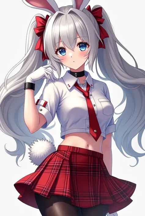 - Anime woman, 
- attractive, 
- sexy,
- mature, 
- white bunny ears, 
- long silver twintail hair with red ribbons,
- large blue eyes,
- silver stud earrings, 
- black choker, 
- crop top white button shirt with long sleeves rolled up, 
- red tie,
- white...