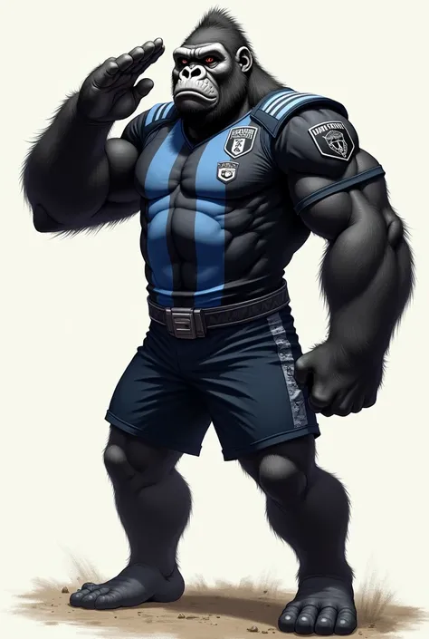 I want a gorilla as a soccer mascot , doing military continence , he has to be standing,  and wearing a black and blue uniform,  he must have an angry expression ,  being a drawing but with a realistic quality