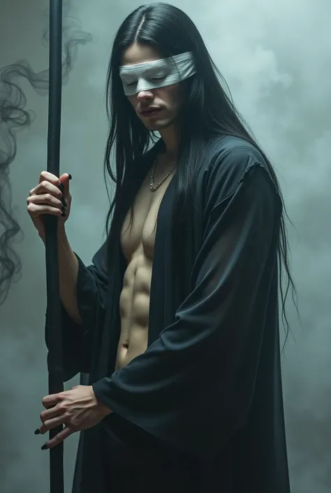 Ghostly, dreamy, villain, seductive. Male. Androgynous beautiful face. White gauze Bandages cover eyes and eyebrows so they are not visible. Long black sharp nails on hands. Wears black long slightly tattered robe that flows like magic. Hair is black, stra...