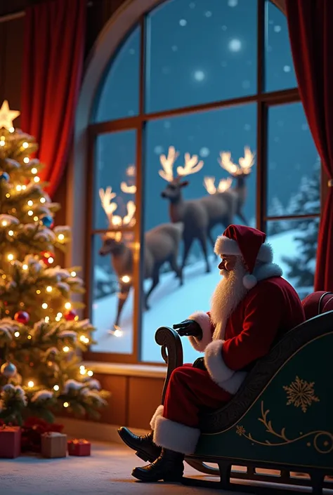 Santa Claus, in his slate, beeing dragged by the reindeers. He can be seen from a window. The room with the window should be lighten up by the lights of the chirstmas tree. Outside is night.