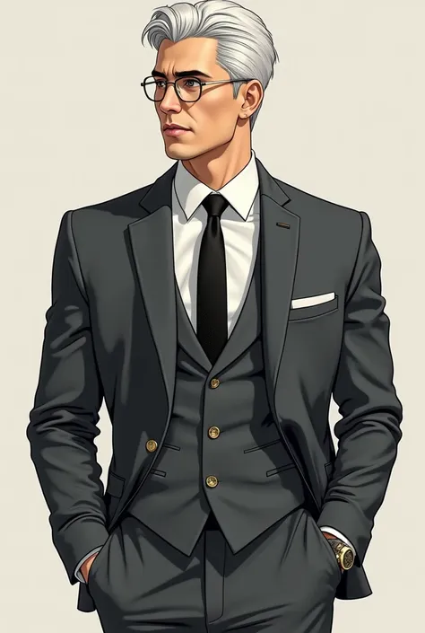 A tall man, athletic and strong,  with short and well-combed hair in a white tone platinum ,  gray eyes and gold-framed glasses with clear lenses, using: tailored suit in dark gray ,  with slim fit cut and fine lapels ,  giving a modern and elegant touch ....