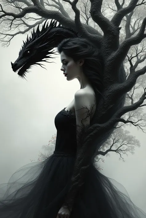 Une femme sensuelle aux couleurs noir et blanc et un dragon noir  qui font partie intégrante dun arbre majestueux en peinture éthérée avec une qualité surnaturelle et onirique 