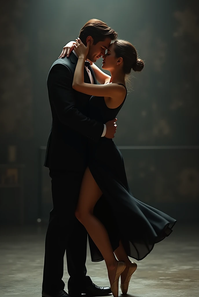 Woman in a
Black ballet dress and ballet shoes hug a man with brown hair and muscles and suit as she dances sensual touch 