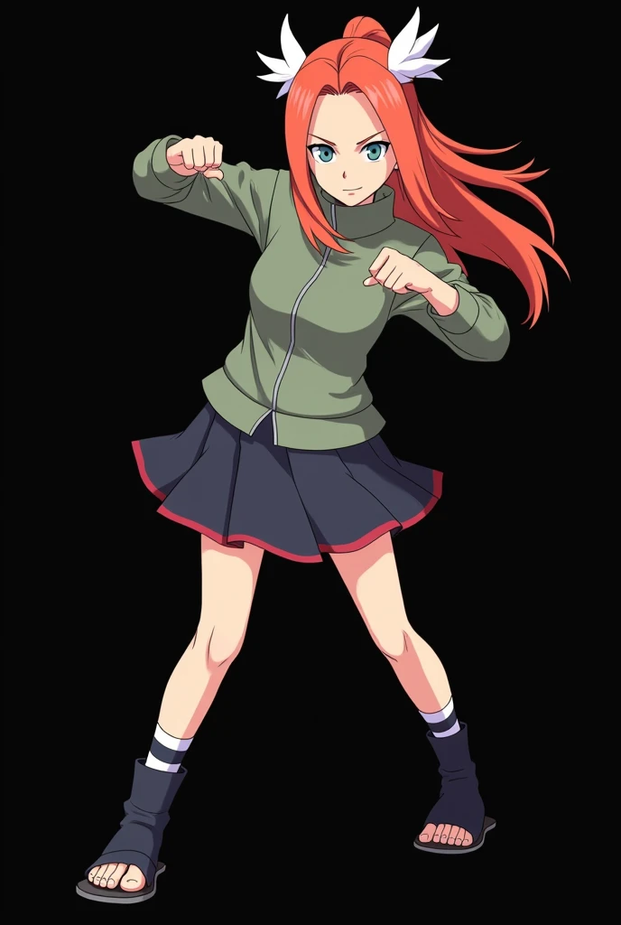 (photonaruto:2.3), Female Character from Naruto, Age: .  full body . Designed with the features of the anime Naruto . Height: 1,60 m,  Weight: 50 kg, , smooth fire-colored hair with two white locks highlighted on the front. loose hair. Light blue-green eye...