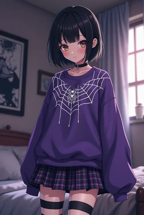  highest quality ,  very detailed , masterpiece,  anime style . An 18 year old girl ( Short black hair with a fringe painted white , dark brown eyes)  dressed in a large purple womens sweatshirt with spider web details, a plaid skirt ,  shes wearing stripe...