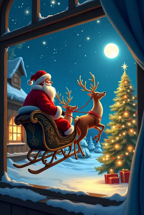 Santa Claus, in his slate, beeing dragged by the reindeers. He can be seen outside the window. The room with the window should be lighten up by the lights of the chirstmas tree. Outside is night. The artstyle realistic cartoon for s