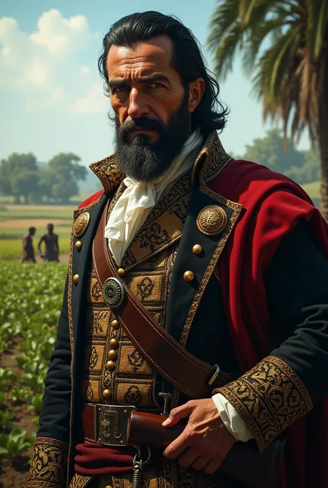 create an image of a white Portuguese slave owner with a beard and mustache, 50 years old, black hair, blue eyes wearing Portuguese court clothes, with a bad appearance, carrying a gun, on a farm.