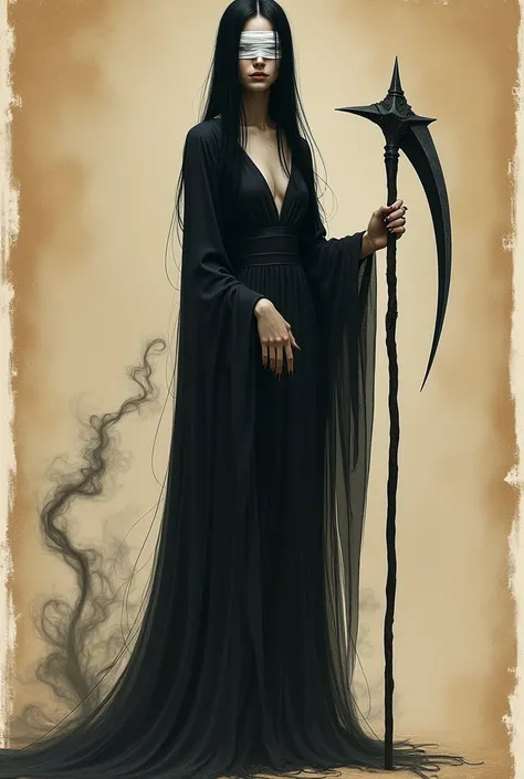 Ghostly, dreamy, villain, seductive. Male. Androgynous beautiful face. White gauze Bandages cover eyes and eyebrows so they are not visible. Long black sharp nails on hands. Wears black long slightly tattered robe that flows like magic. Hair is black, stra...