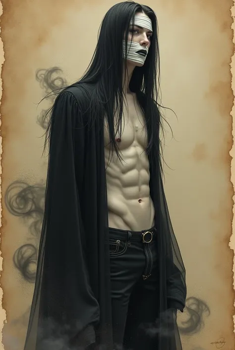 Ghostly, dreamy, villain, seductive. Male. Androgynous beautiful face. White gauze Bandages cover eyes and eyebrows so they are not visible. Long black sharp nails on hands. Wears black long slightly tattered robe that flows like magic. Hair is black, stra...