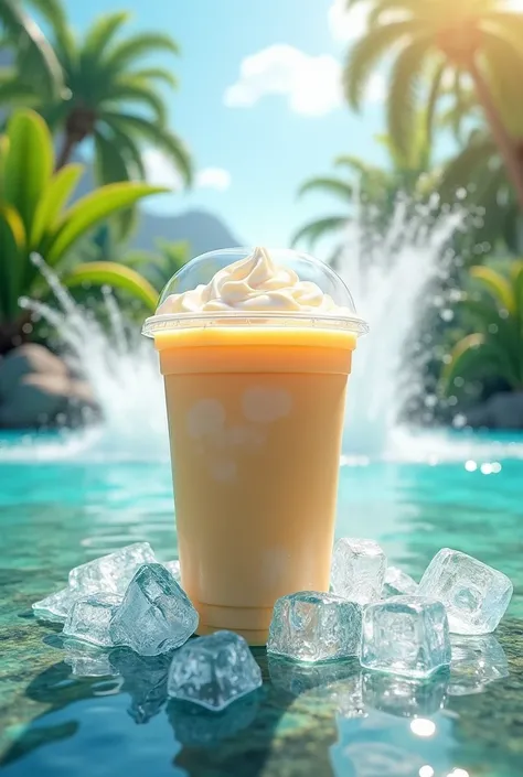 Emollient drink in a transparent disposable cup with ice around it and an explosion of water and tropical background
