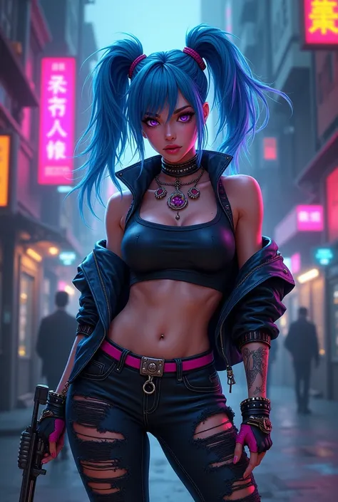 (photorealism:1.2), beautiful woman, Jinx, Arcane character, wide expressive violet eyes with a hint of mischief, playful chaotic smile, photorealistic, vibrant neon colors, chaotic energy, dynamic pose, holding a modified gun, mischievous grin, detailed c...