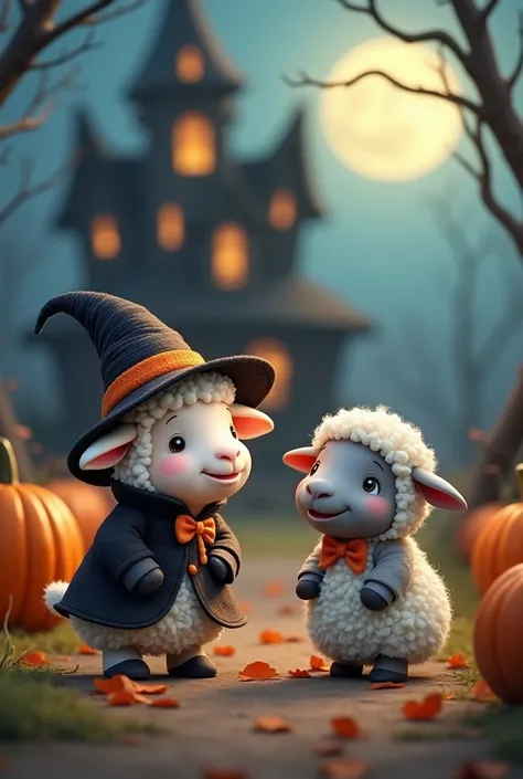 A white little cute sheep dressed up as a cute witch for Halloween, with her little cute gray sheep brother looking at the haunted house in a school Halloween party