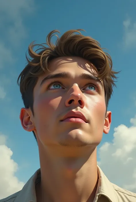 young white man , dark blue eyes, Look up at the sky 