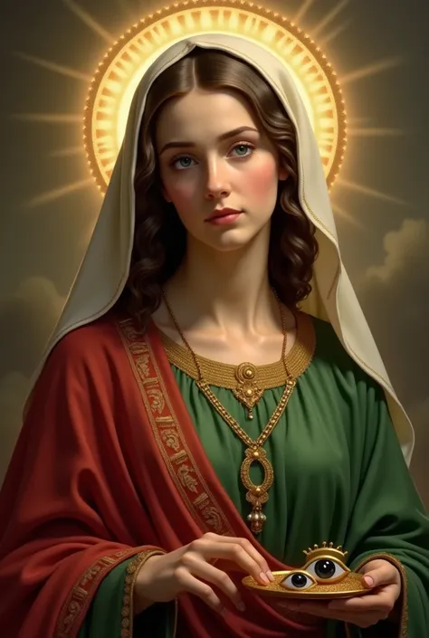 A hyper-realistic depiction of Saint Lucy (Santa Luzia), shown from the waist up, gazing directly at the camera with a serene and devout expression. Her smooth, radiant skin glows softly under a divine light, emphasizing her youthful beauty and spiritual p...