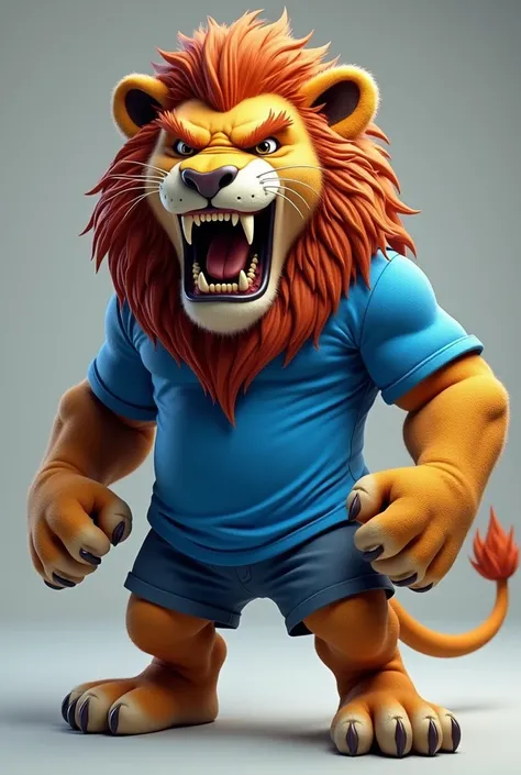 Realistic mascot of an angry lion wearing a blue shirt