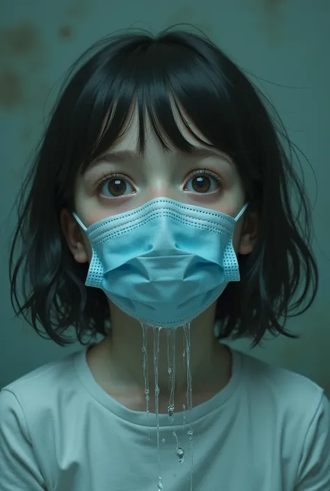 A girl wearing a medical mask with water in her mouth .  Then we see that for some reason her mask has come off and the water starts to flow out and she starts to gasp 