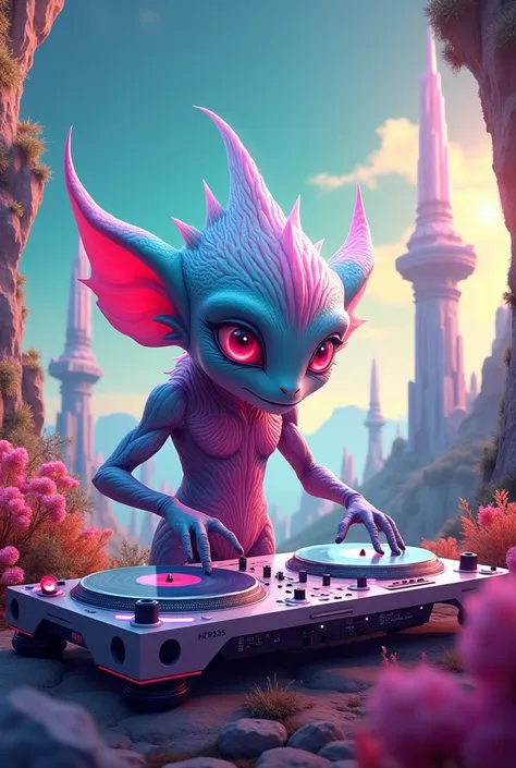 A super cute Dj Aries with turntables like alien creature on a beautiful alien planet 