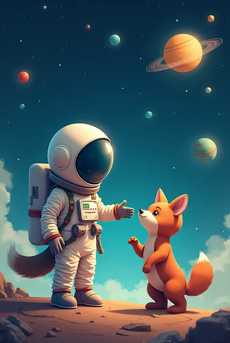  Preparation of an illustration using Artificial Intelligence

The illustration should contain the following aspects::

an animal in space wearing an astronauts uniform greeting another animal of a different species, The illustration must contain Salma Cor...