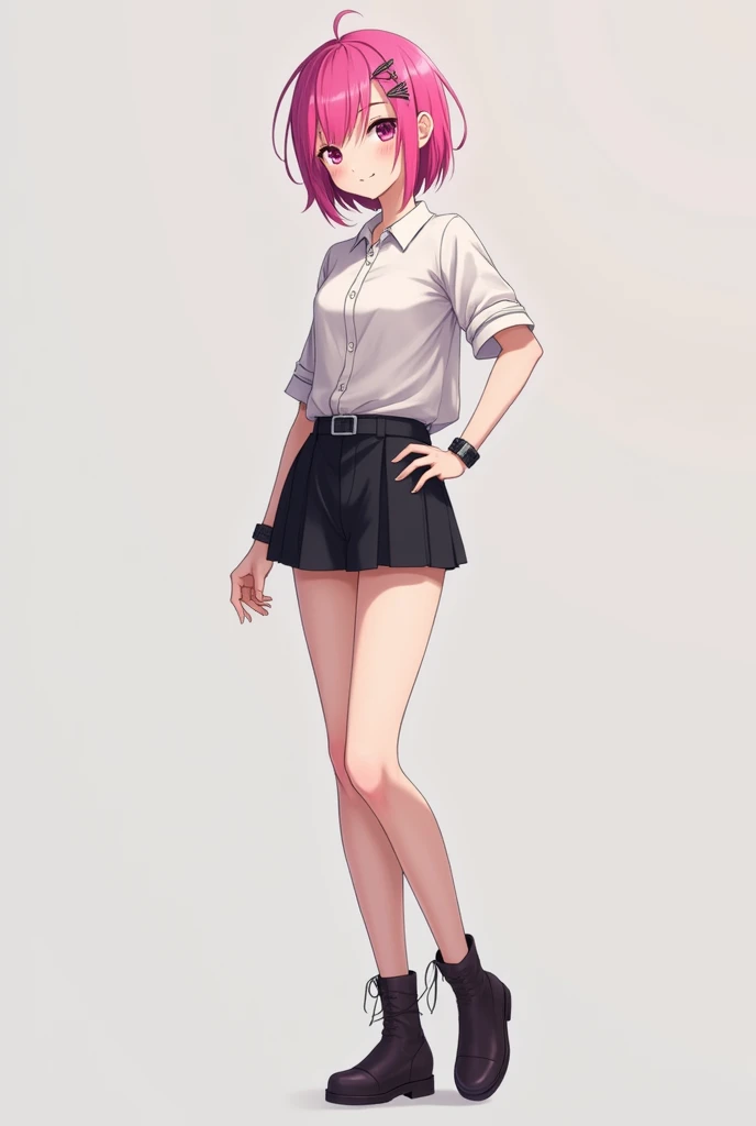 Anime woman with pink hair and short black skirt full body