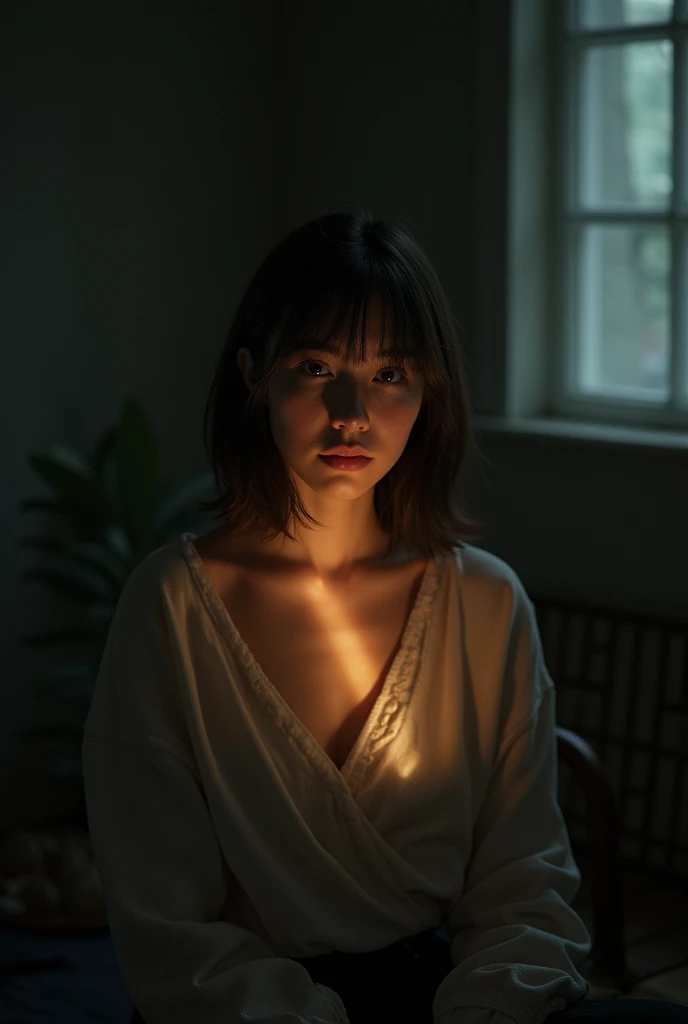 Album cover, a girl sitting in a dark room and ray of warm light shining on her eyes